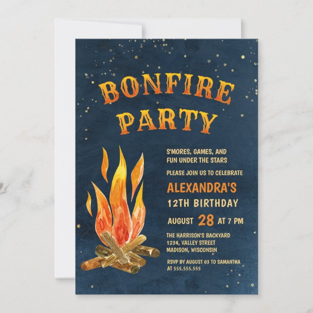 Bonfire Party Watercolor Blue Orange Birthday Einladung (Vorderseite)