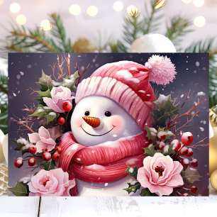Bonhomme de neige avec carte de Noël Roses roses