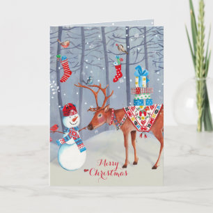 Bonhomme de neige et élan    Carte de vœux de Noël