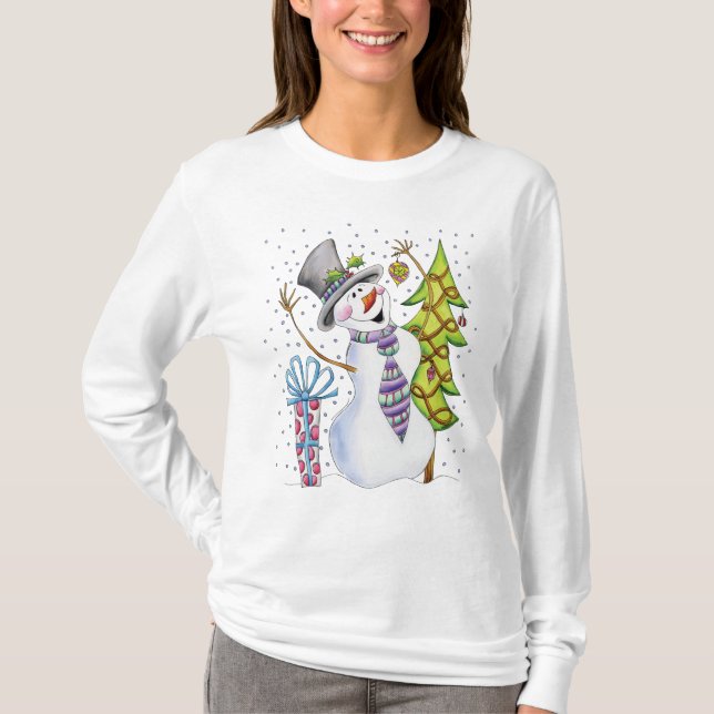 Bonhomme de neige heureux long Sleve T - pullover (Devant)