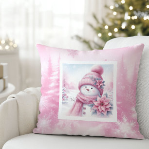 Bonhomme de neige rose joyeux Coussin Cadeau Forêt