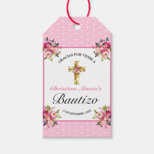 Bonito Rosa Floral Oro Cruz Bautismo Gracias Geschenkanhänger