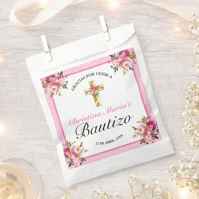 Bonito Rosa Floral Oro Cruz Bautismo Gracias Geschenktütchen (Ausgeschnitten)