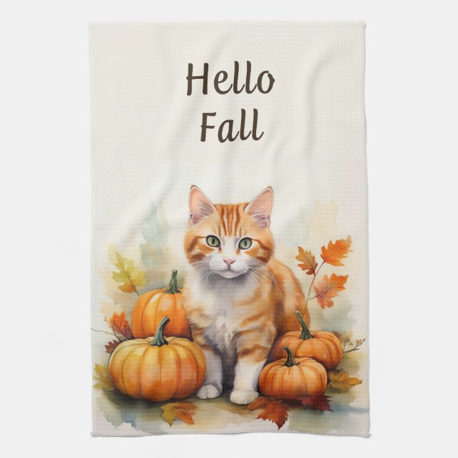 Bonjour Automne Orange Tabby Serviette de cuisine (Vertical)