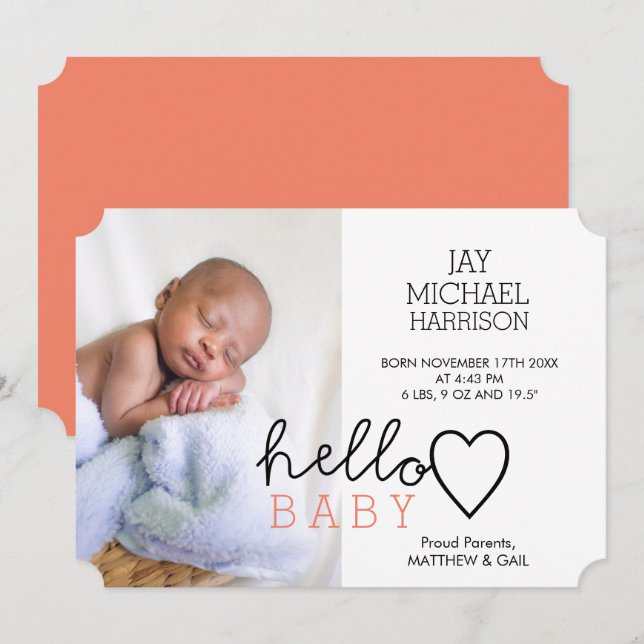 Bonjour Baby Heart Faire-part de naissance (Devant / Derrière)