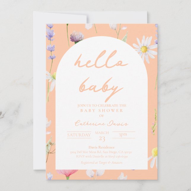 Bonjour Baby Peach Floral Baby shower Invitation (Devant)
