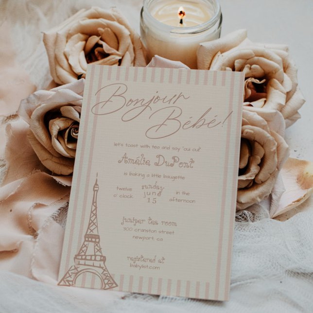 Bonjour Bebe Baby shower rose Invitation (Créateur téléchargé)