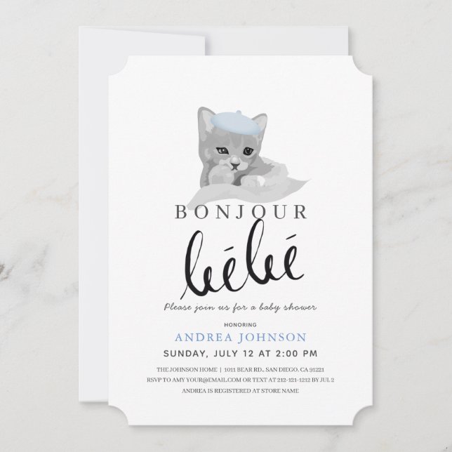 Bonjour Bebe Blue Beret Cat Boy Baby Dusche Einladung (Vorderseite)
