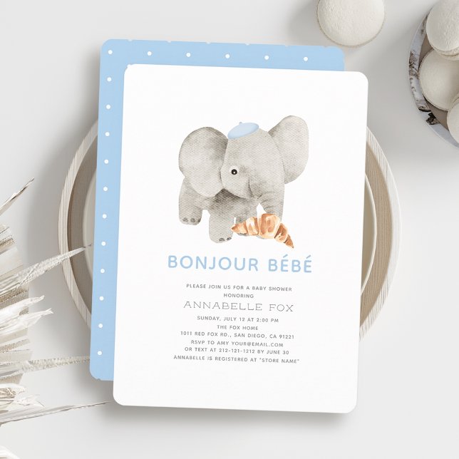 Bonjour Bébé Blue Beret Elephant Baby Dusche Einladung (Von Creator hochgeladen)