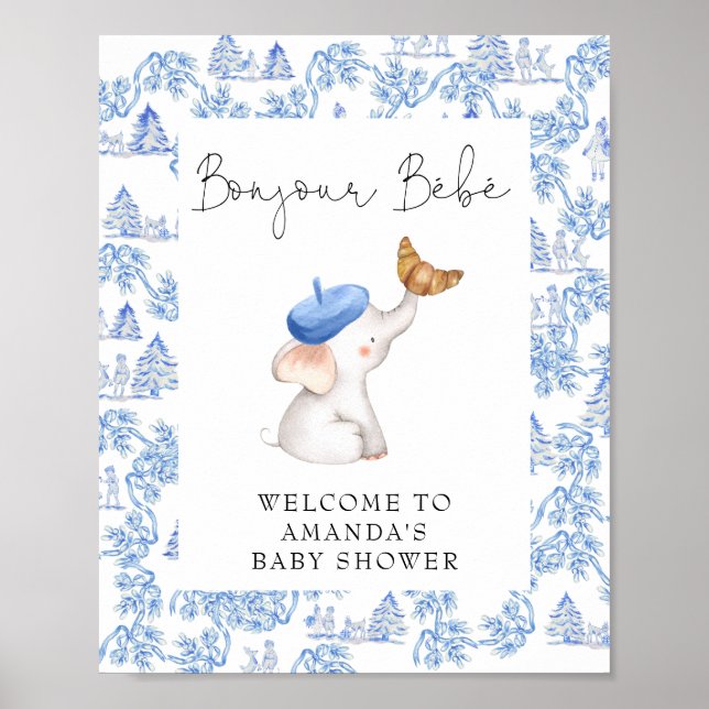 Bonjour Bebe Blue French Boy Welcome Baby Dusche P Poster (Vorne)