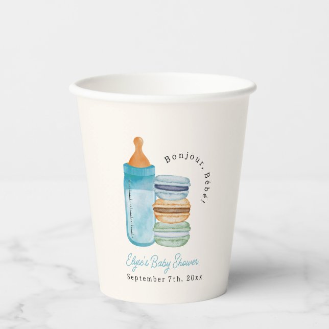 Bonjour Bébé Blue Macarons & Milk Boy Baby Shower Pappbecher (Vorderseite)