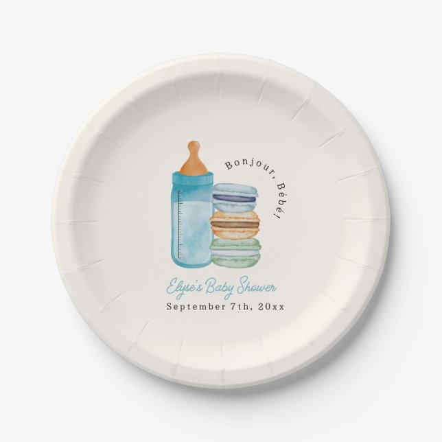 Bonjour Bébé Blue Macarons & Milk Boy Baby Shower Pappteller (Vorderseite)