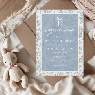 Bonjour Bebe Blue Toile French Boy Baby Dusche Einladung