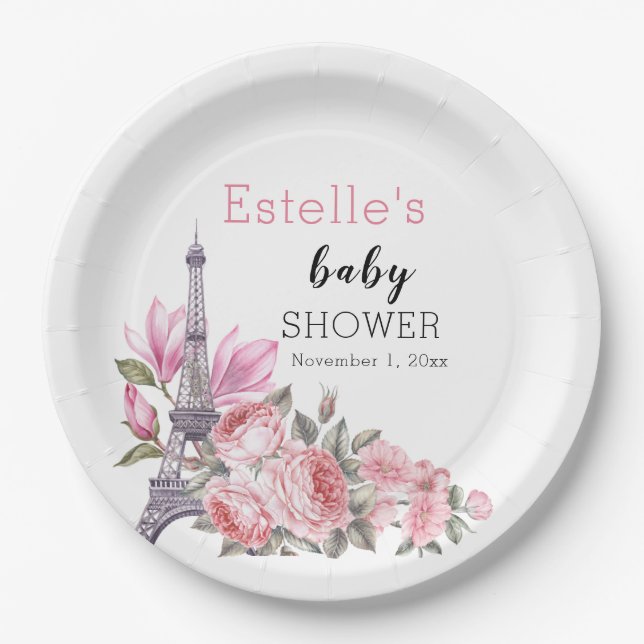 Bonjour Bebe | Blumenfranzösischer Babydusche Pappteller (Vorderseite)