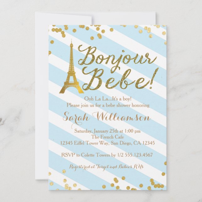 Bonjour Bebe Boy French Baby Shower Einladung (Vorderseite)