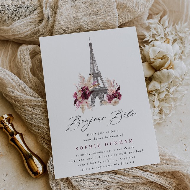 Bonjour Bébé Burgundy Floral Paris Baby Shower Einladung (Von Creator hochgeladen)