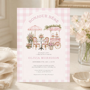Bonjour Bebe Café Rosa Gingham Mädchen Baby-Party Einladung