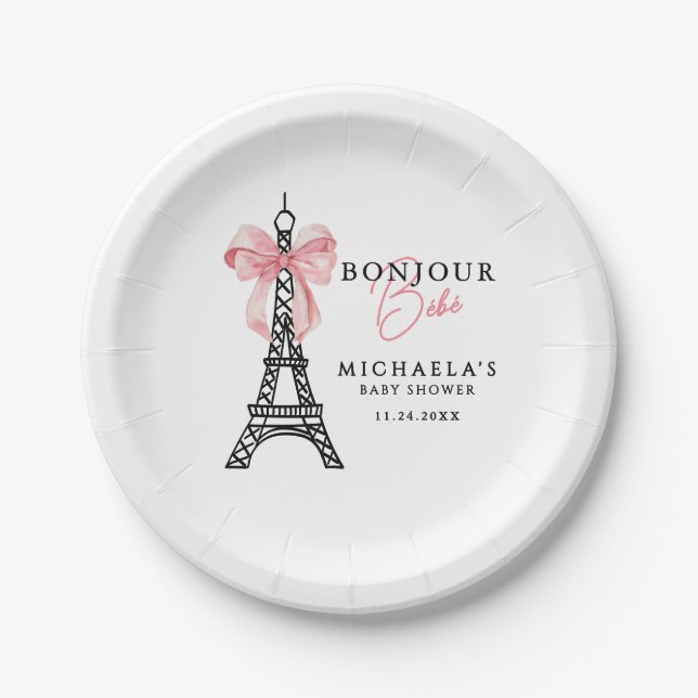 Bonjour Bébé Coquette Bow Paris Babydusche Pappteller (Vorderseite)