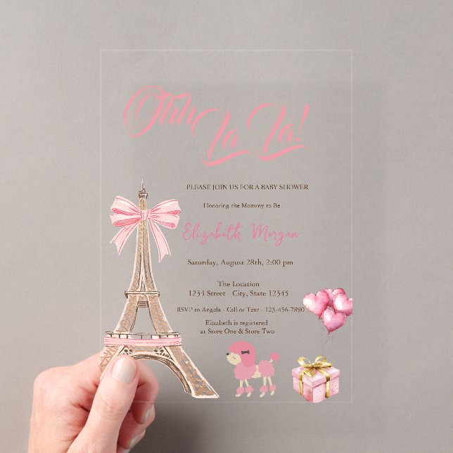 Bonjour Bébé Eiffel Tower Bow Striped Baby Shower Acryleinladungen (Insitu (Handheld))