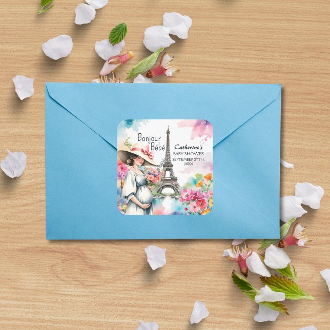Bonjour Bebe Floral Eiffel Tower Paris Baby Dusche Quadratischer Aufkleber (Von Creator hochgeladen)