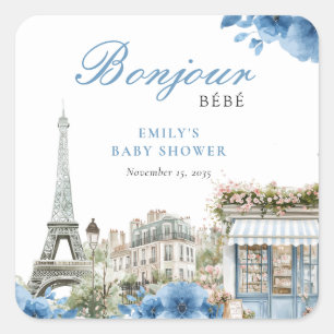 Bonjour Bebe Französisch Blau Baby Shower Quadratischer Aufkleber