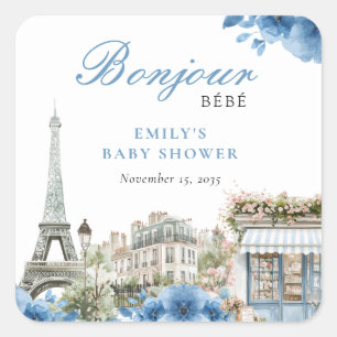Bonjour Bebe Französisch Blau Baby Shower Quadratischer Aufkleber