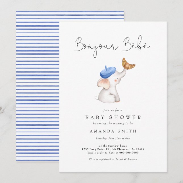 Bonjour Bebe Französisch Elephant Baby Boy Dusche  Einladung (Vorne/Hinten)