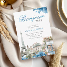 Bonjour Bebe French Blue Baby shower Invitation