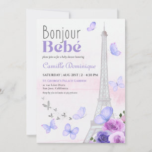 Bonjour Bebé French Eiffel Lavender Butterflies Einladung