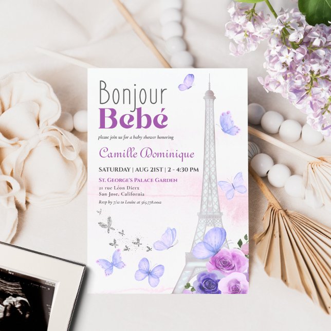 Bonjour Bebé French Eiffel Lavender Butterflies Einladung (Von Creator hochgeladen)
