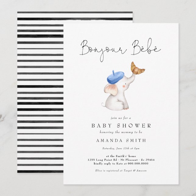 Bonjour Bebe French Elephant Baby Boy Dusche Einladung (Vorne/Hinten)