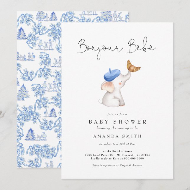 Bonjour Bebe French Elephant Baby Boy Showtoile Einladung (Vorne/Hinten)