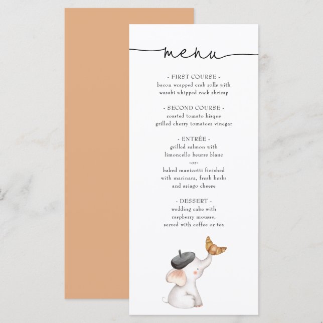Bonjour Bebe French Elephant Baby Showmenu Menükarte (Vorne/Hinten)