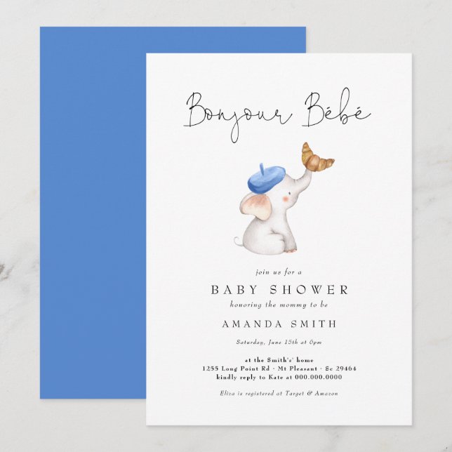 Bonjour Bebe French Elephant Blue Baby Dusche Einladung (Vorne/Hinten)