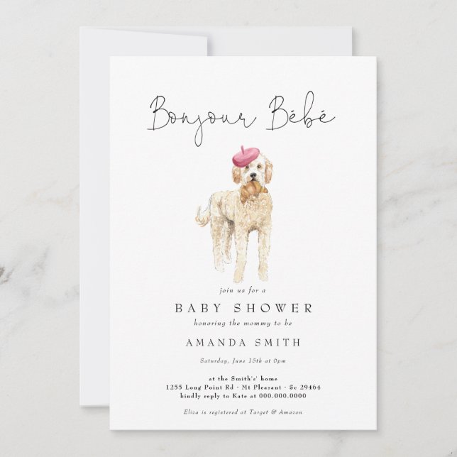 Bonjour Bebe French Golden Doodle Baby Dusche Einladung (Vorderseite)