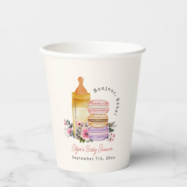 Bonjour Bébé French Macarons & Milk Baby Shower Pappbecher (Vorderseite)