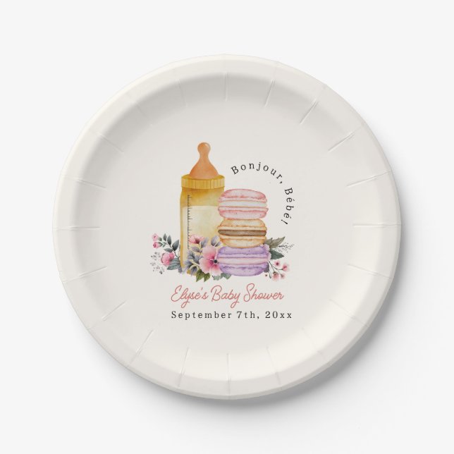 Bonjour Bébé French Macarons & Milk Baby Shower Pappteller (Vorderseite)