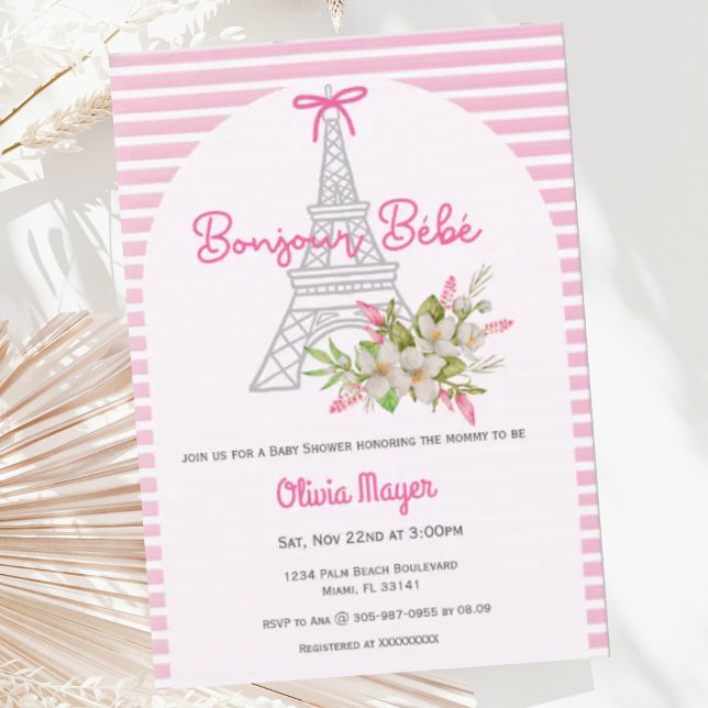 Bonjour Bebe French Paris Pink Girl Baby Dusche Einladung (Von Creator hochgeladen)