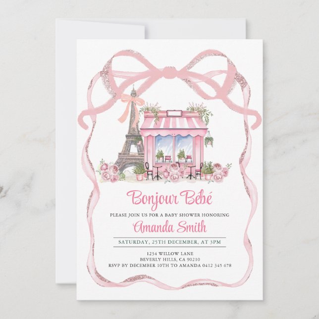 Bonjour Bebe French Parisian Café Baby Shower Einladung (Vorderseite)
