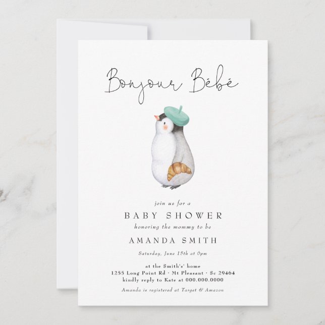 Bonjour Bebe French Pinguin Neutral Baby Dusche Einladung (Vorderseite)