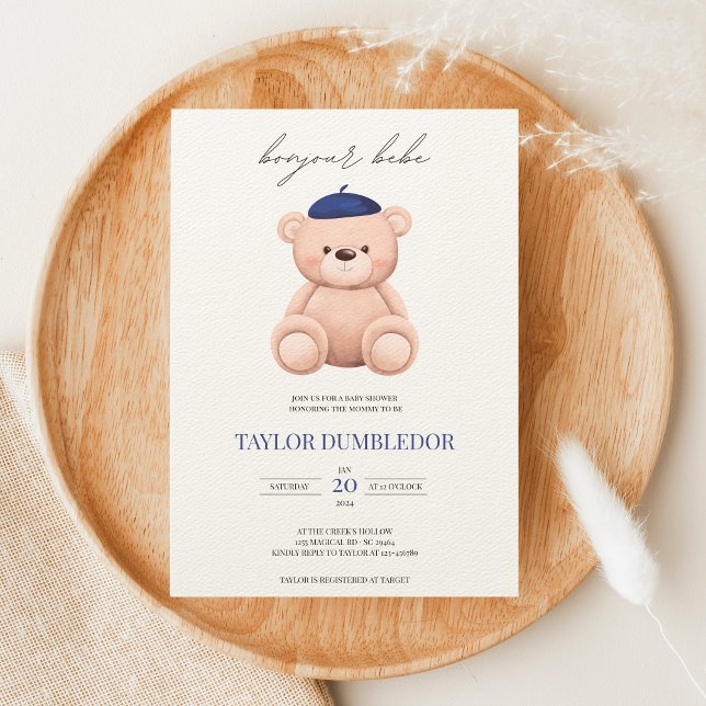 Bonjour Bebe French Watercolor Bear Babydusche Einladung (Von Creator hochgeladen)