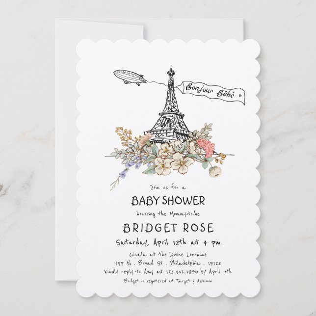 Bonjour Bebe Gender Neutral Baby Dusche Einladung (Vorderseite)