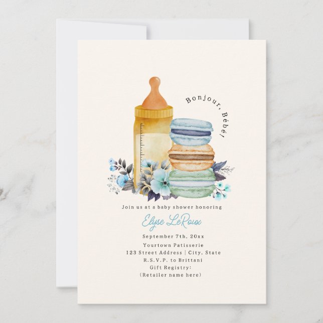 Bonjour Bébé Macarons Milk Floral Blue Baby Shower Einladung (Vorderseite)