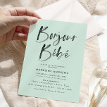 Bonjour Bebe Mint Green French Baby Dusche Einladung<br><div class="desc">Moderne und elegante Babydusche mit "Bonjour Bebe" in einem trendigen,  handgeschriebenen Aquarellschrift-Schriftart vor einem minzgrünen Hintergrund. Persönlich gestalten Sie die Babydusche nach französischem Motto,  indem Sie Ihre Duschdetails für eine Einladung hinzufügen,  die Sie bestimmt beeindrucken wird! Die Rückseite des Einladens zeichnet sich durch ein schwarzes Aquarellmuster-Design aus.</div>