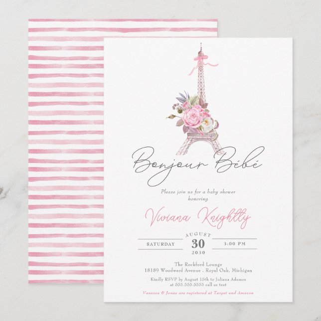 Bonjour Bebe Paris Eiffel Pink Blume Babydusche Einladung (Vorne/Hinten)