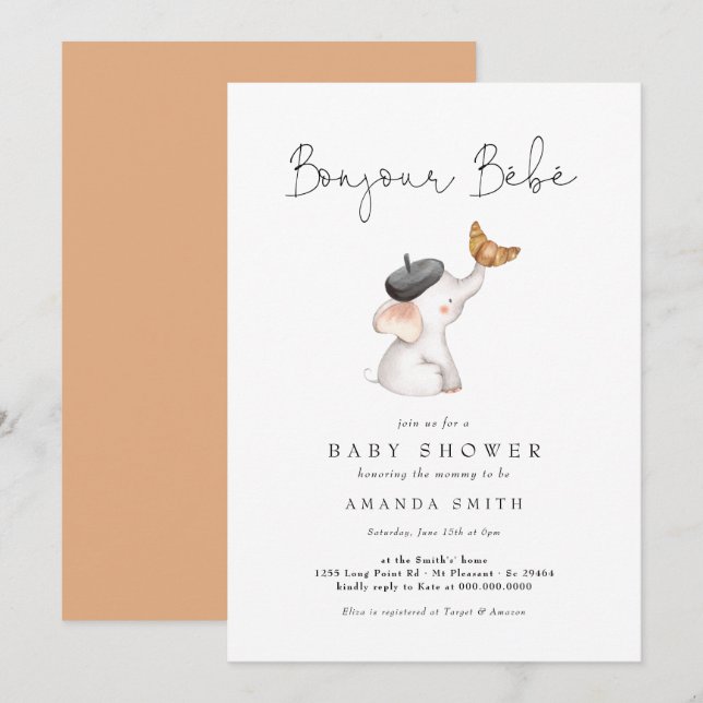 Bonjour Bebe Paris Französisch Elephant Baby Dusch Einladung (Vorne/Hinten)
