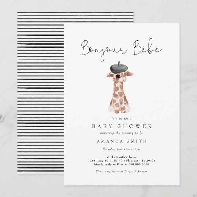 Bonjour Bebe Paris Französisch Giraffe Babydusche Einladung (Vorne/Hinten)