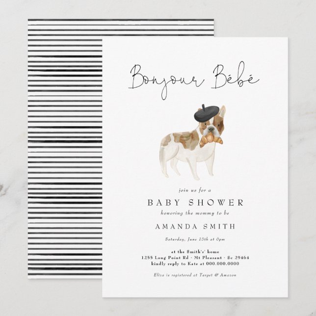 Bonjour Bebe Paris Französischer Bulldog Baby Dusc Einladung (Vorne/Hinten)