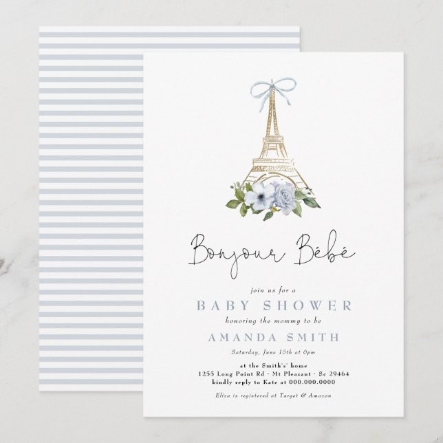 Bonjour Bebe Paris French Blue Eiffel Baby Dusche Einladung (Vorne/Hinten)