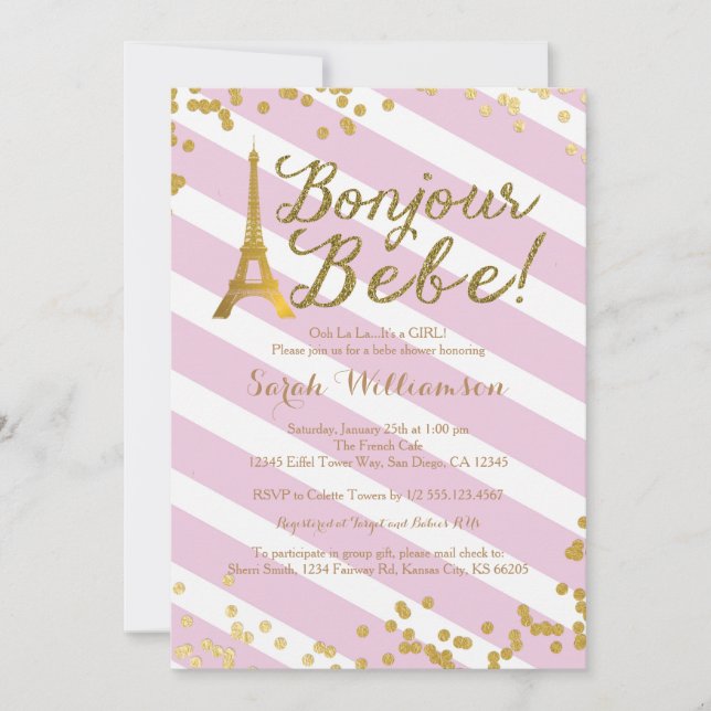 Bonjour Bebe Paris Girl Baby Dusche Einladung 2 (Vorderseite)